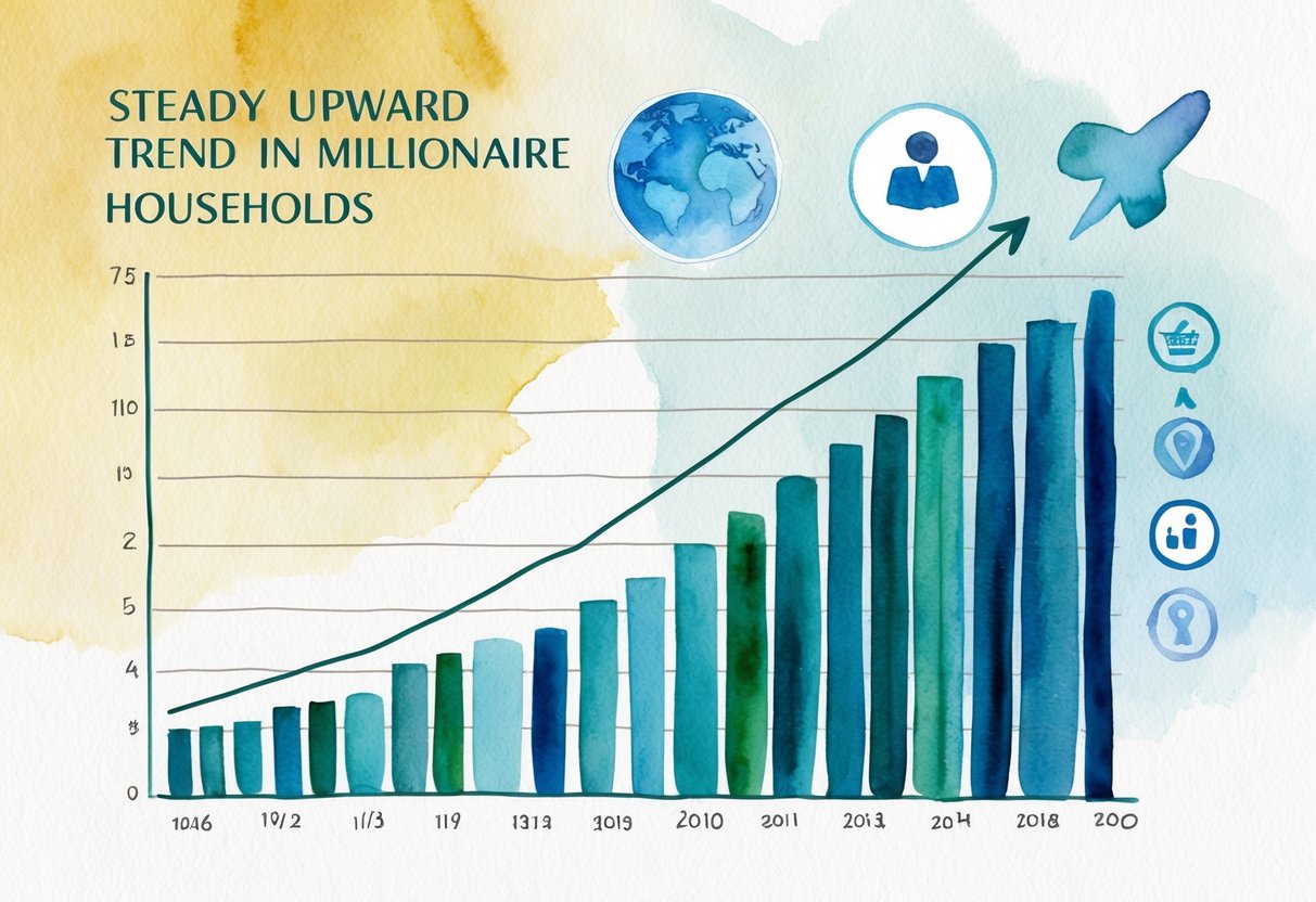 A graph showing a steady upward trend in wealth for millionaire households, with global event icons in the background