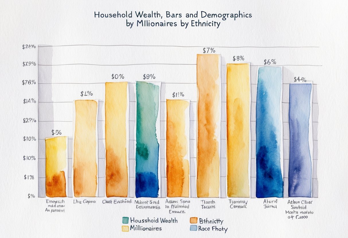 A bar graph depicting household wealth and demographics of millionaires by race and ethnicity