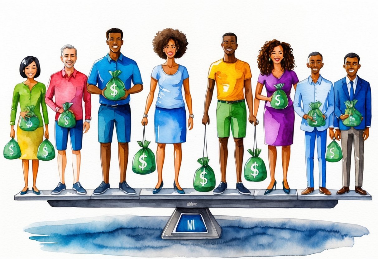 A diverse group of people standing on a scale, with some holding bags of money and others empty-handed, symbolizing the wealth gap between millionaires of different races and ethnicities