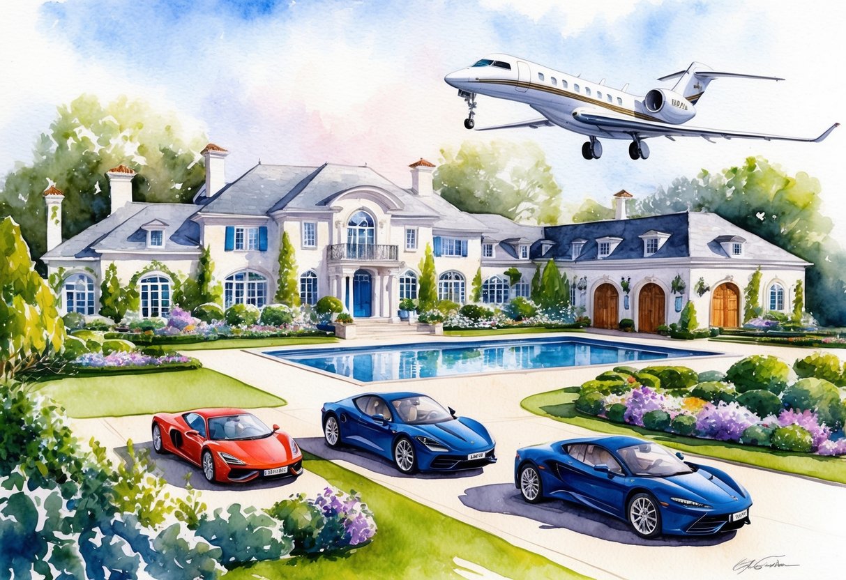 A luxurious mansion surrounded by lush gardens and expensive cars, with a private jet parked on a nearby runway