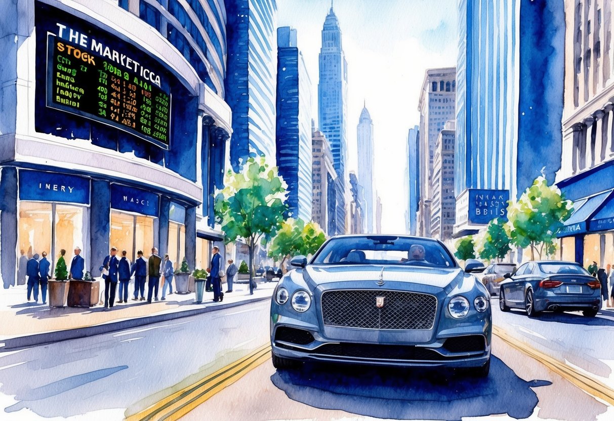 A luxury car driving through a bustling financial district, surrounded by skyscrapers and high-end shops. The stock market ticker flashes on a large screen