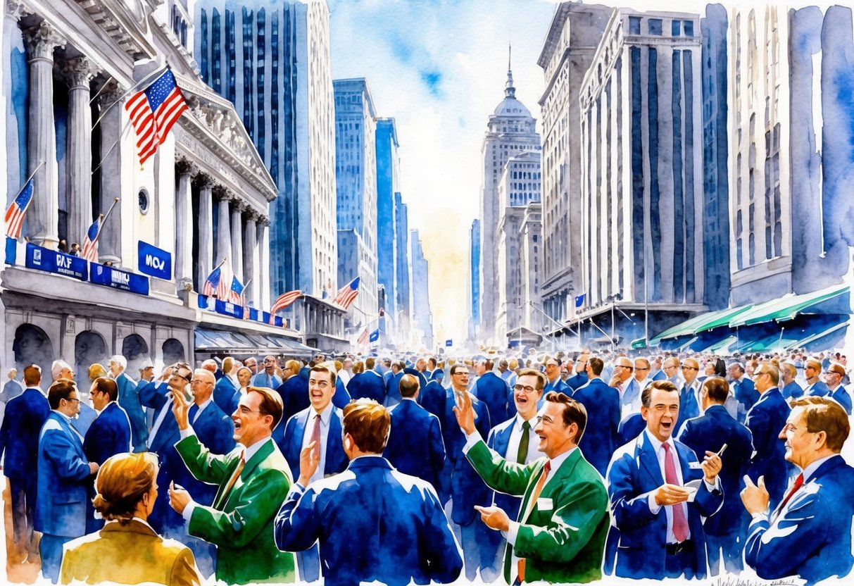 A bustling stock market floor with traders gesturing and shouting, surrounded by towering skyscrapers and financial district buildings