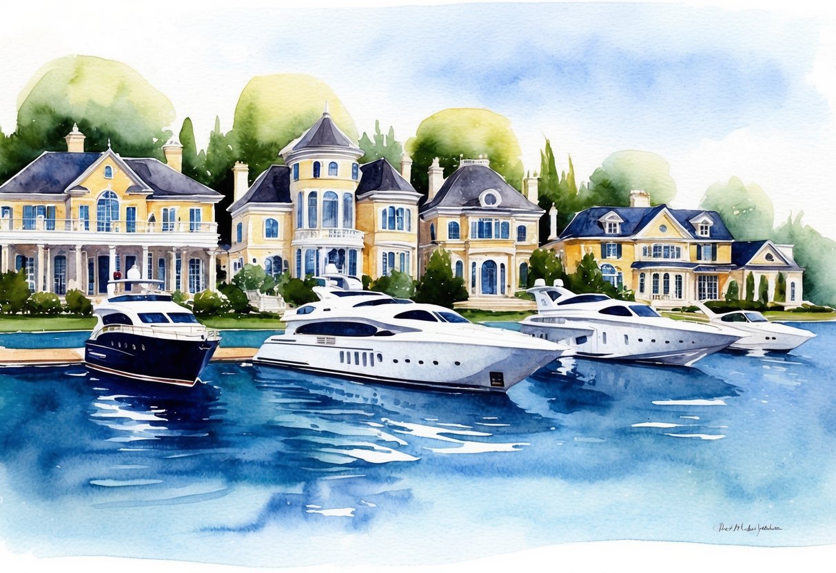 A row of mansions, yachts, and private jets, each increasing in opulence, symbolizing different wealth brackets