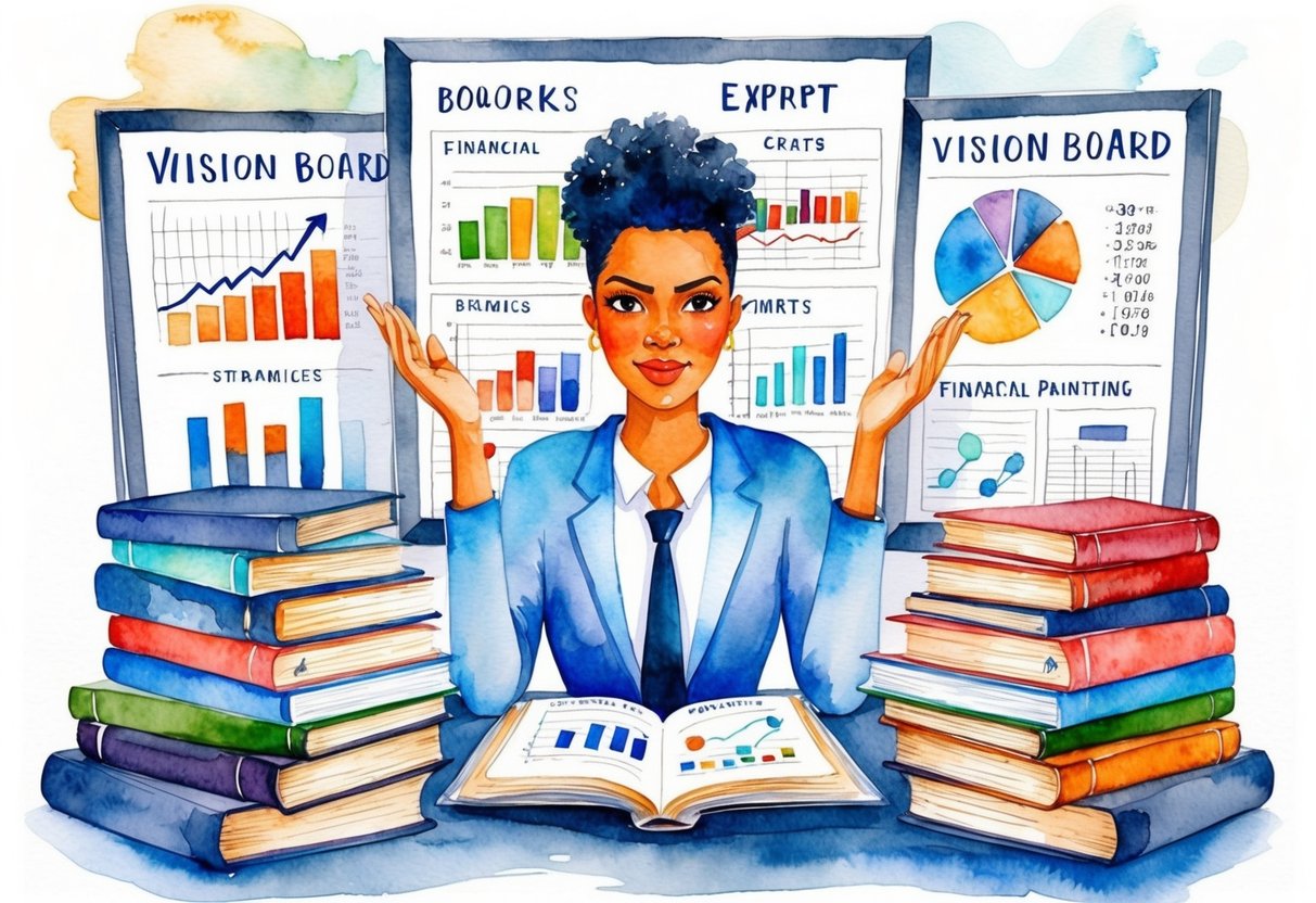 A person surrounded by books, financial charts, and a vision board, with a determined expression, making strategic decisions