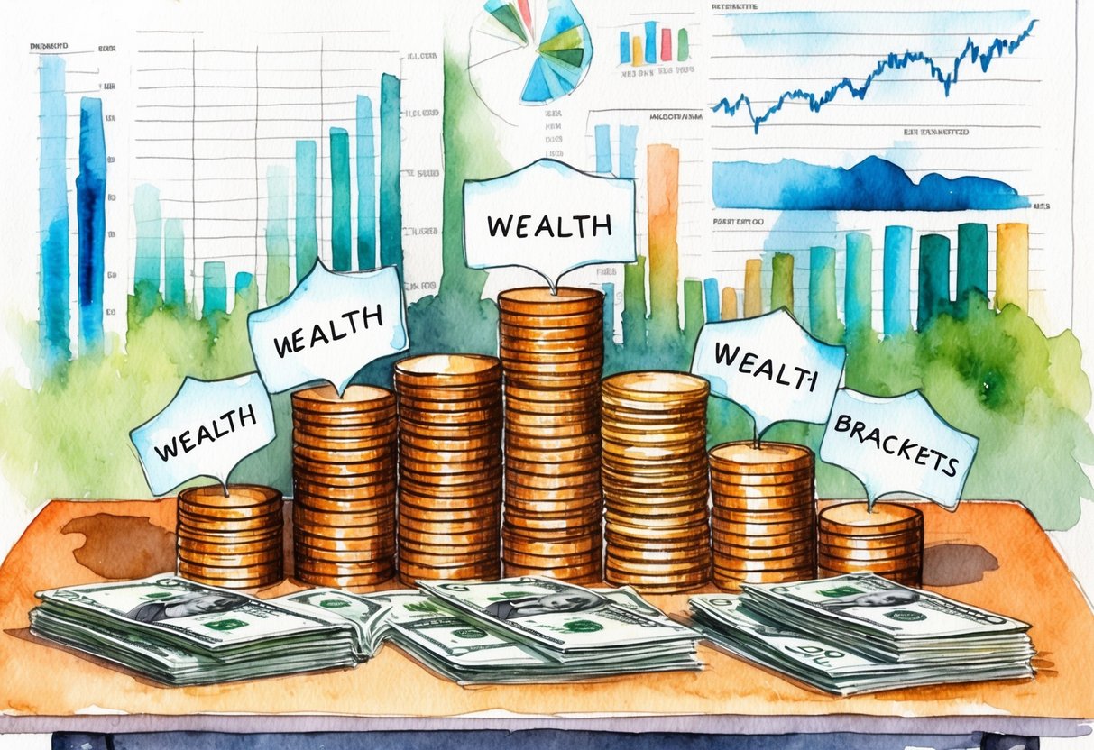 A table with stacks of coins and bills, labeled with different wealth brackets, surrounded by financial charts and graphs