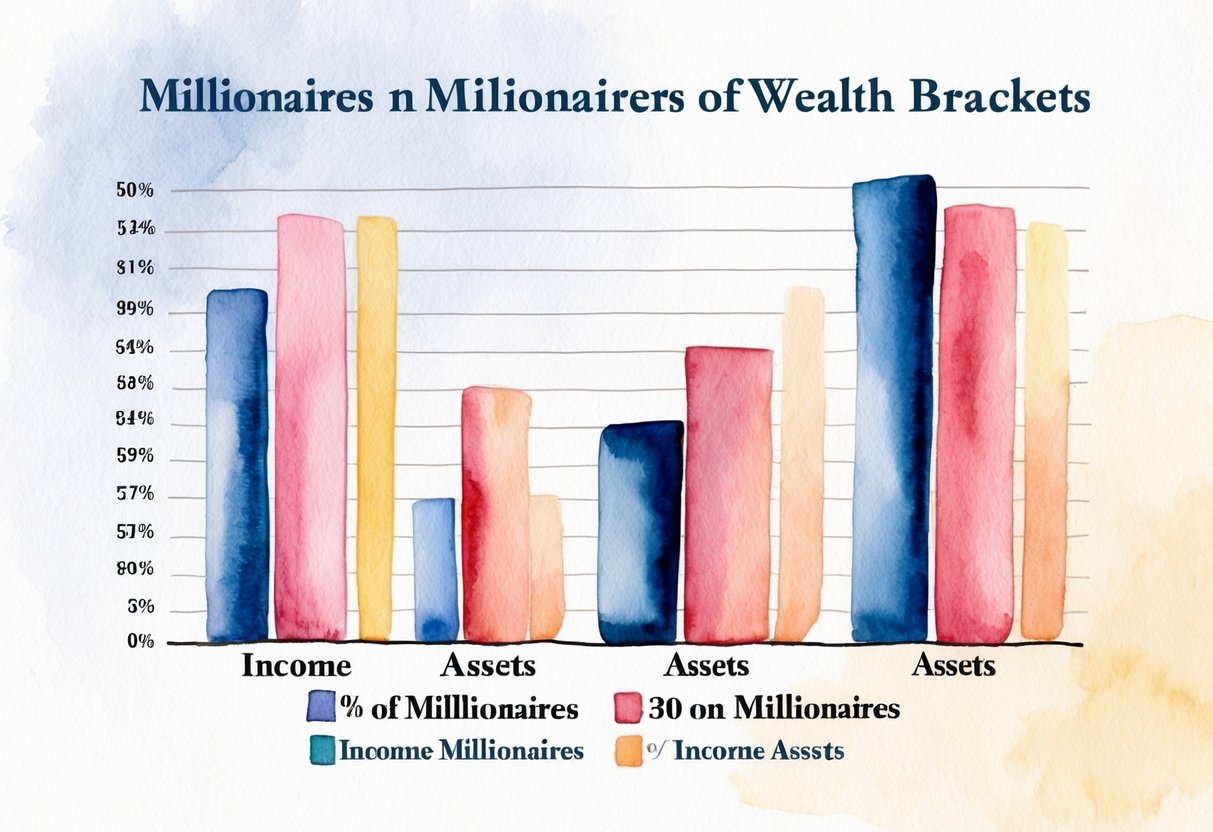 A bar graph comparing income and assets of millionaires in different wealth brackets