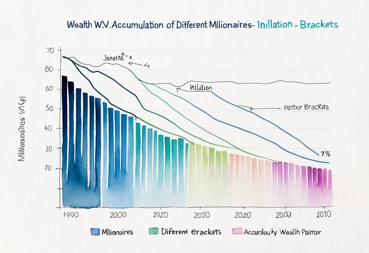 A graph showing the wealth accumulation of millionaires in different brackets over time, with the effects of inflation and economic changes clearly depicted