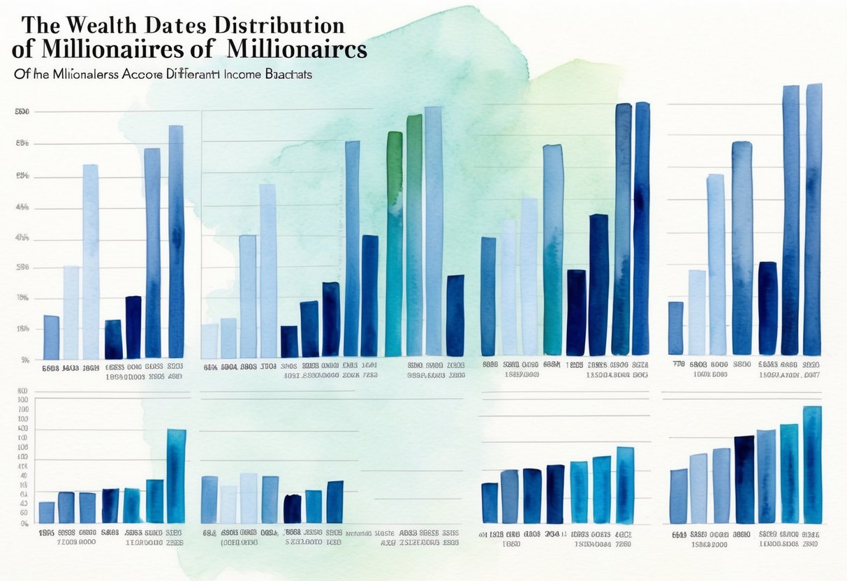 A series of bar graphs and charts comparing the wealth distribution of millionaires across different income brackets