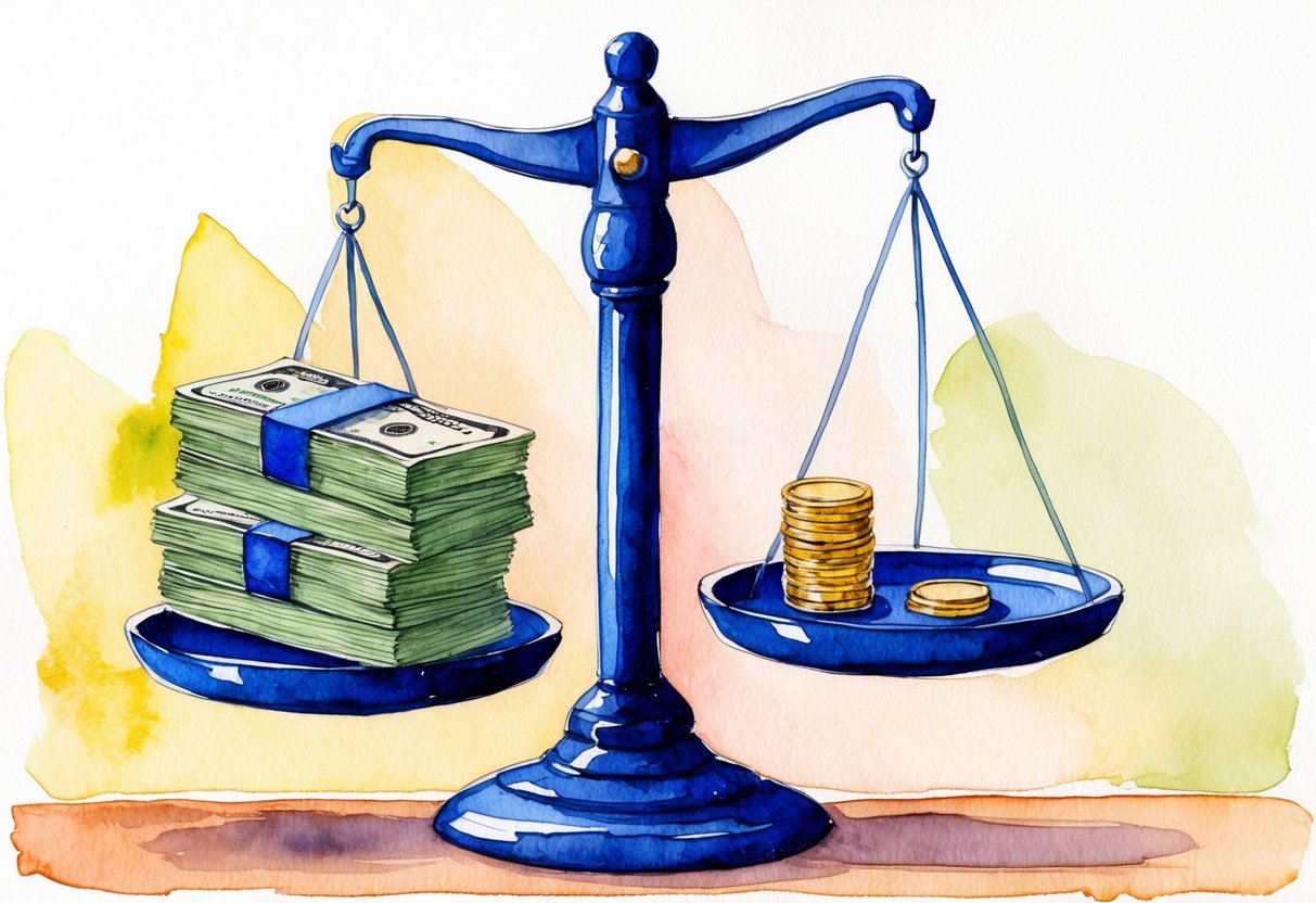 A scale with a stack of money on one side and a few coins on the other