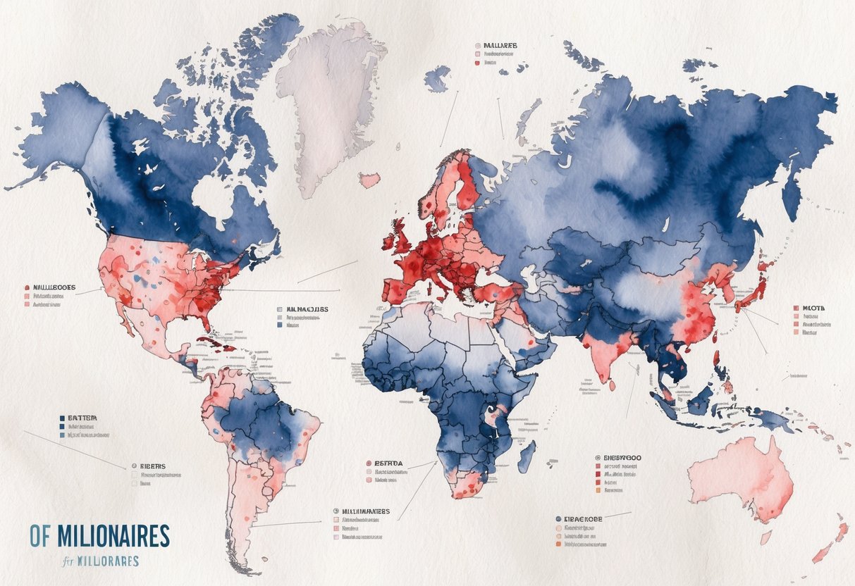A sprawling map displaying the distribution of millionaires across different regions