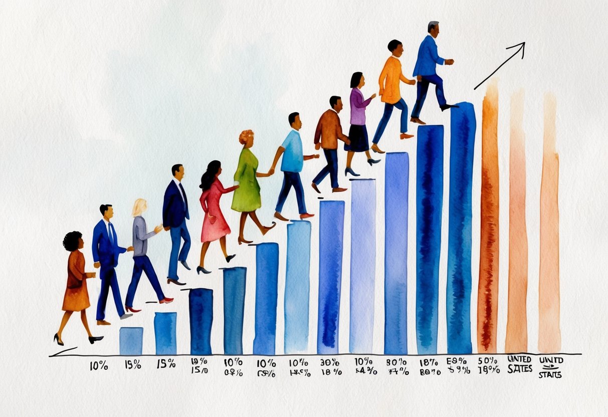 A diverse group of people moving up and down a graph representing economic mobility and demographic changes in the United States