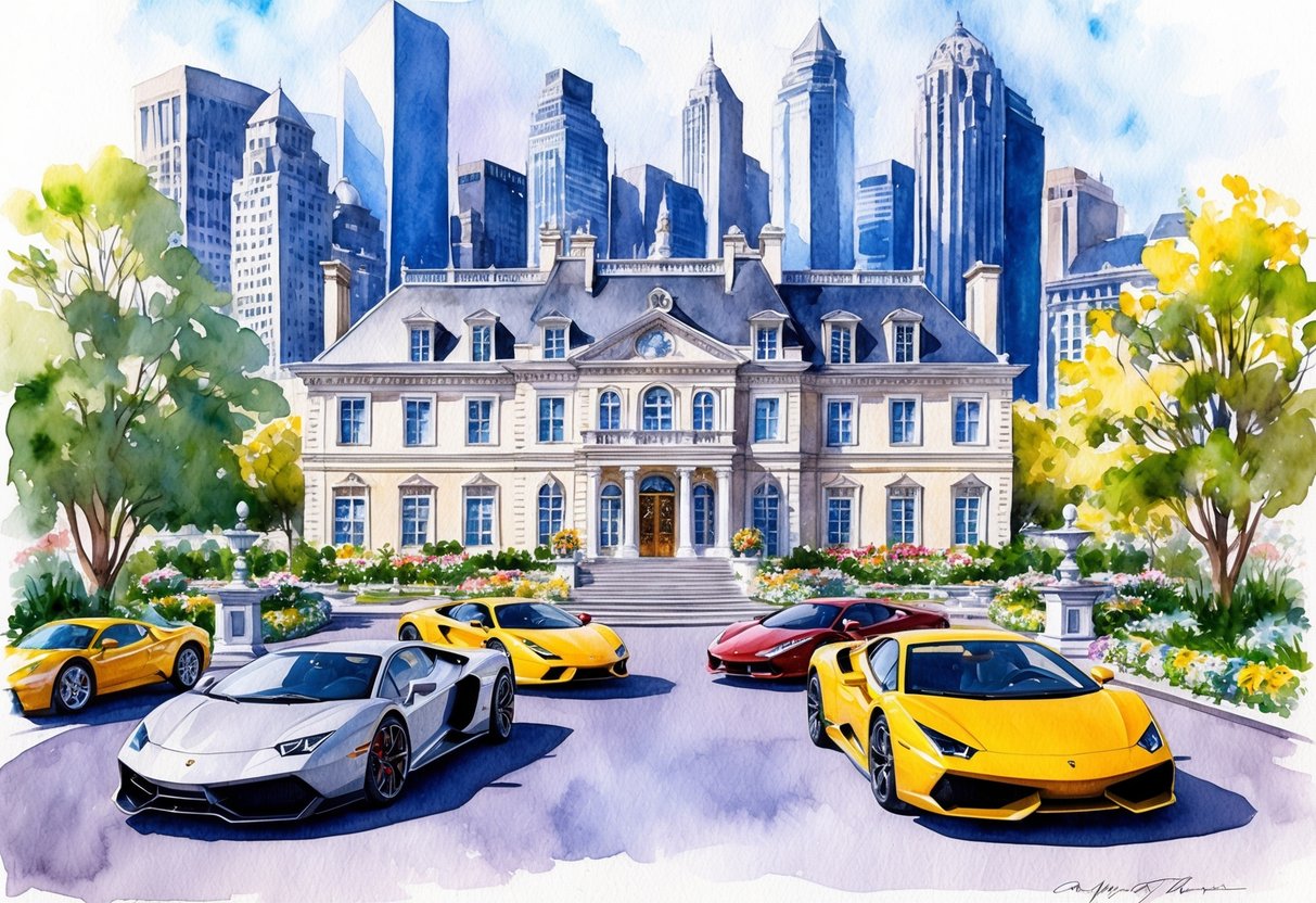 A lavish mansion surrounded by opulent gardens and exotic cars, with a backdrop of a bustling financial district