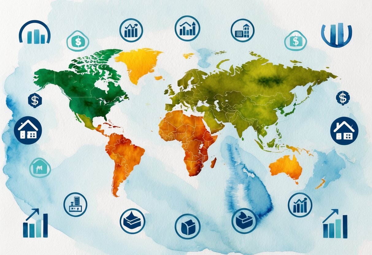 A world map with various regions highlighted, surrounded by symbols representing economic factors like stocks, real estate, and business growth