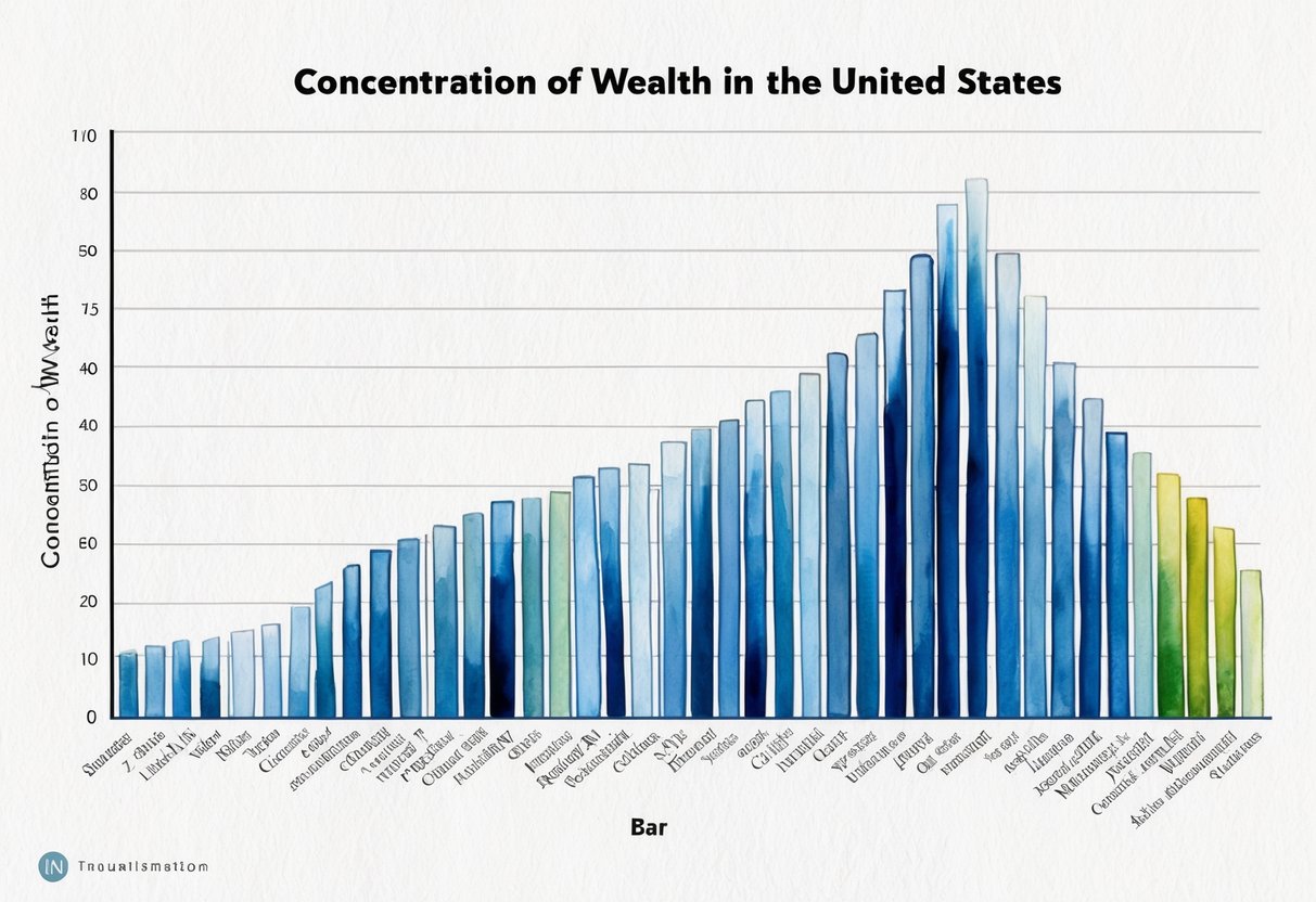 A large bar graph depicting the concentration of wealth in the United States, with the majority of the wealth held by a small number of individuals or entities