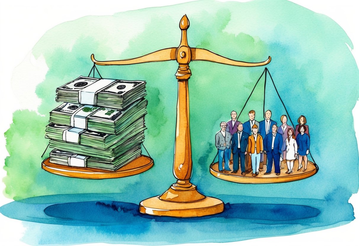 A scale with a stack of money on one side and a group of people on the other, illustrating the wealth gap in the US