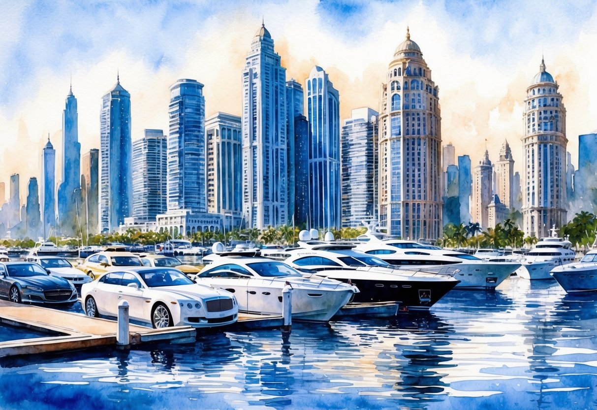 A bustling city skyline with luxury cars, high-rise buildings, and private yachts docked at a marina, showcasing the opulent lifestyle of millionaires in urban locations