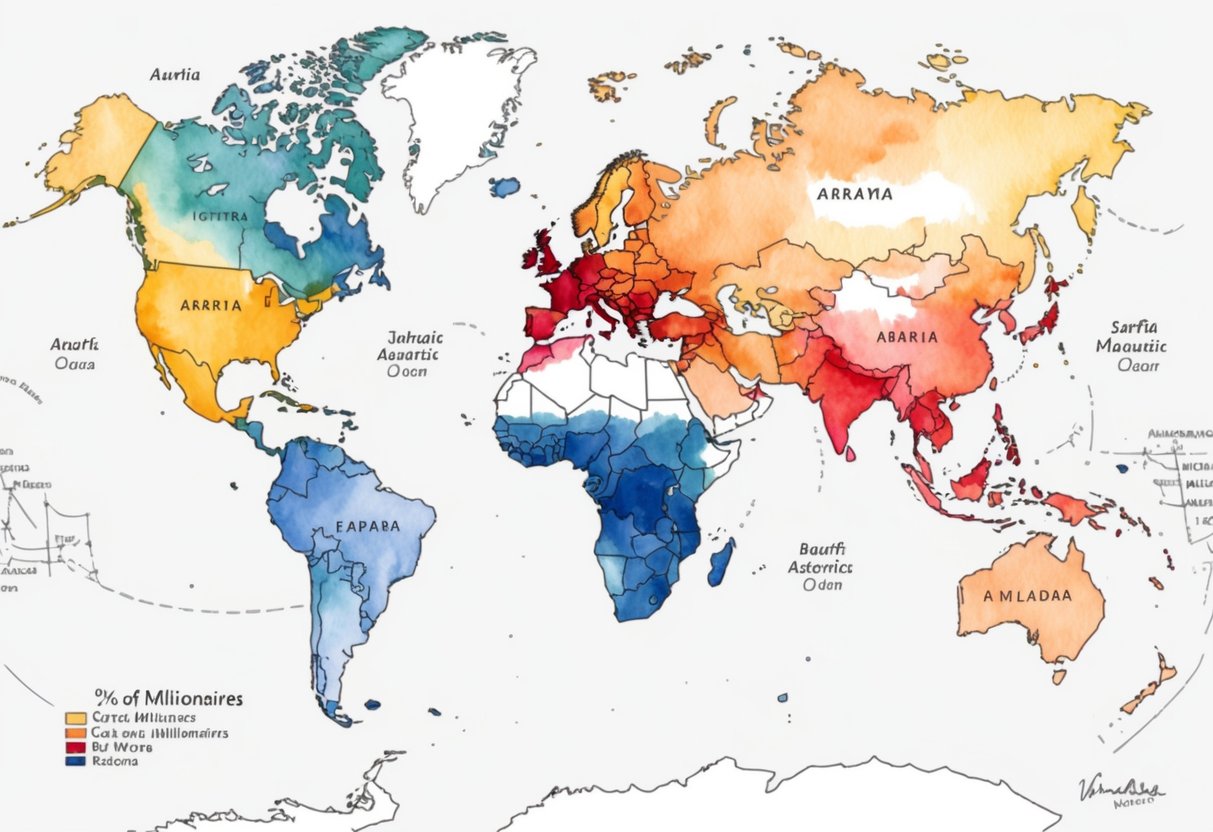 A map of the world with color-coded regions indicating the concentration of millionaires in each location