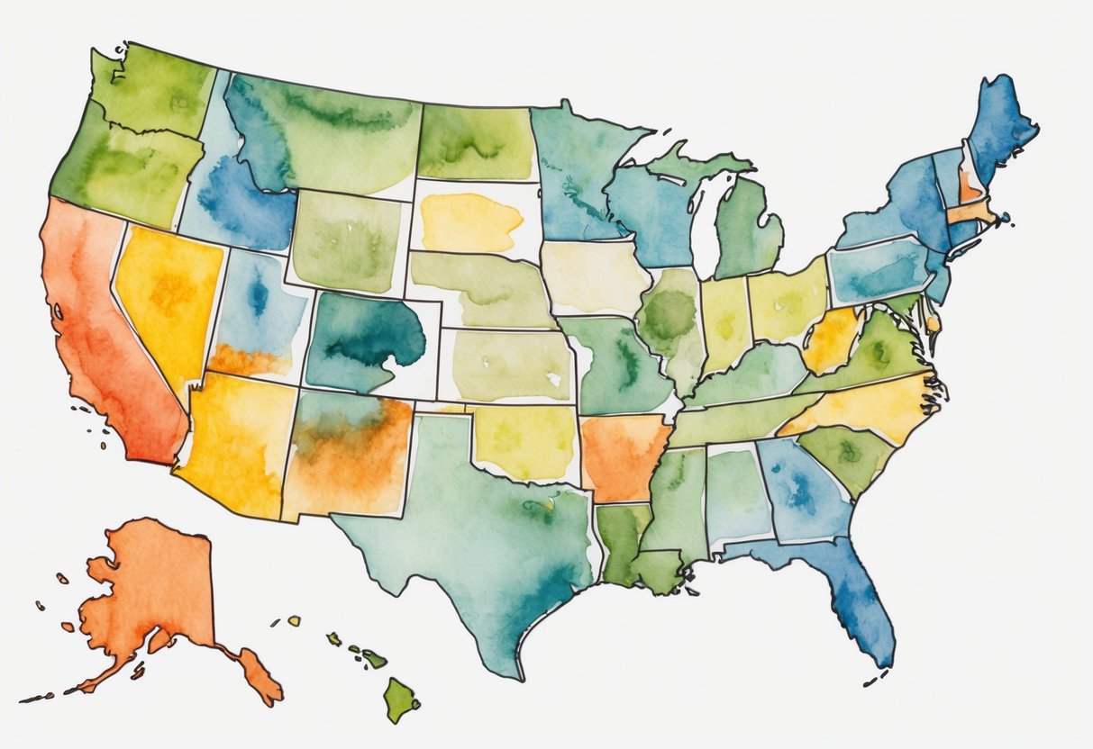 A map of the United States with highlighted regions in key states
