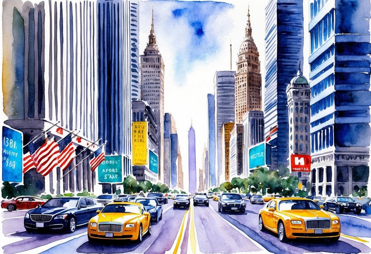A bustling city skyline with skyscrapers, stock market tickers, and luxury cars on wide, busy streets