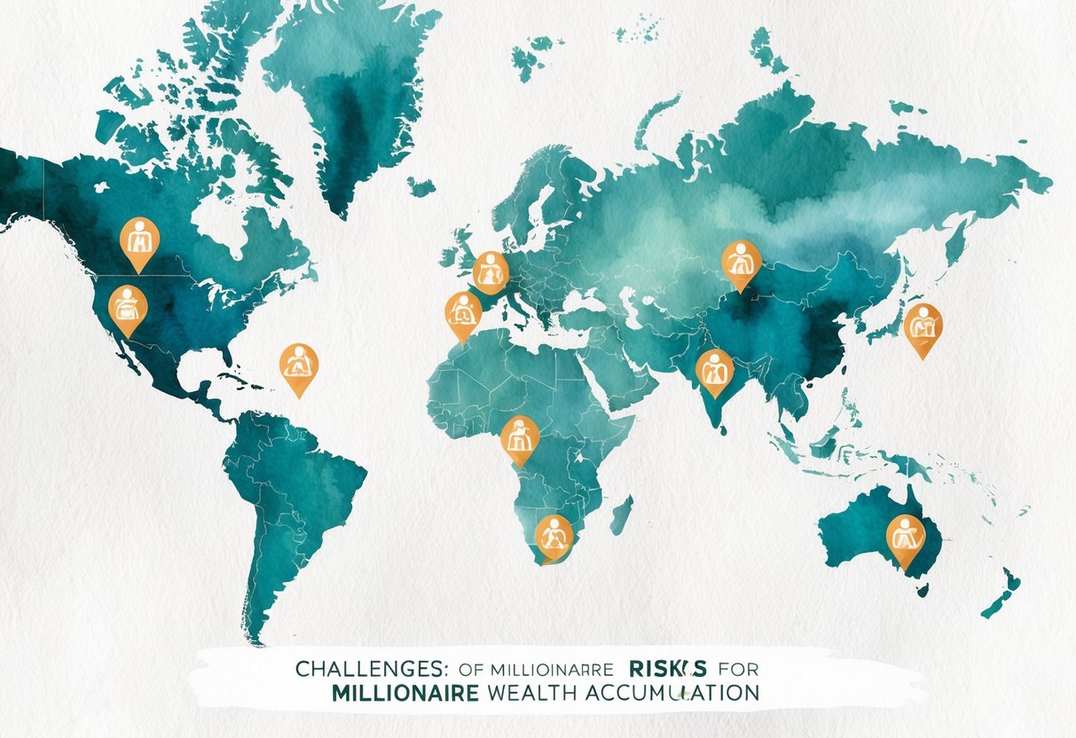 A map showing various locations with symbols representing challenges and risks for millionaire wealth accumulation