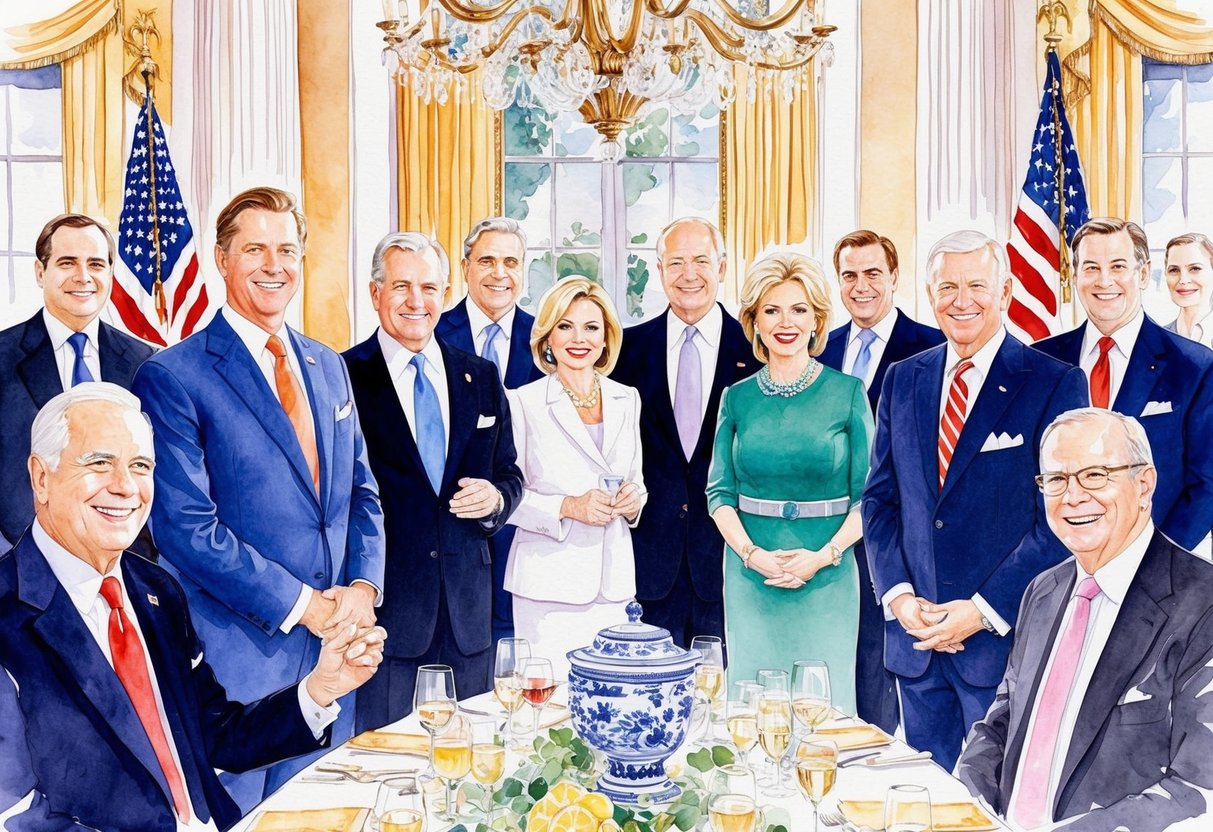 A group of millionaires attend a political fundraiser, surrounded by opulent decor and influential figures. Their presence exudes power and economic influence