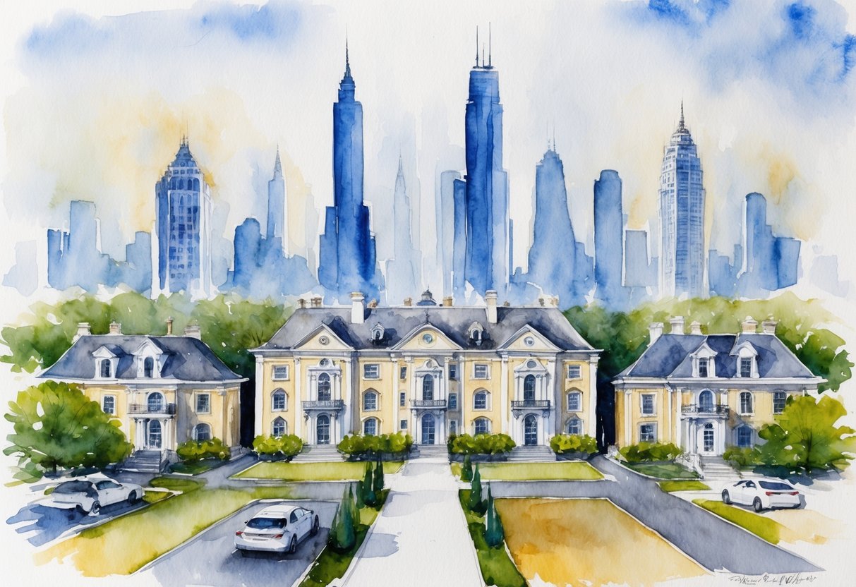 A group of opulent mansions surrounded by poverty-stricken neighborhoods, with towering skyscrapers in the background symbolizing economic disparity