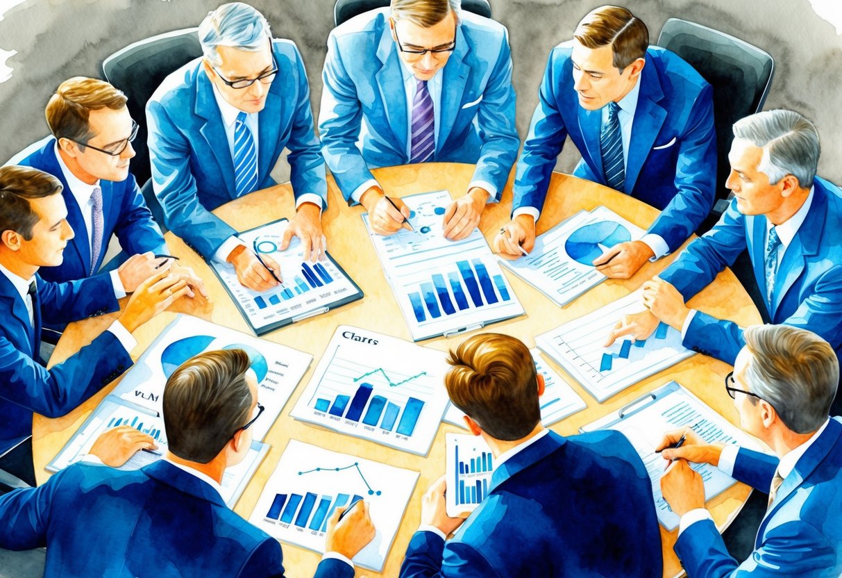 A group of businessmen in suits gather around a table, engaged in intense discussion. Charts and graphs are spread out, symbolizing wealth and economic influence