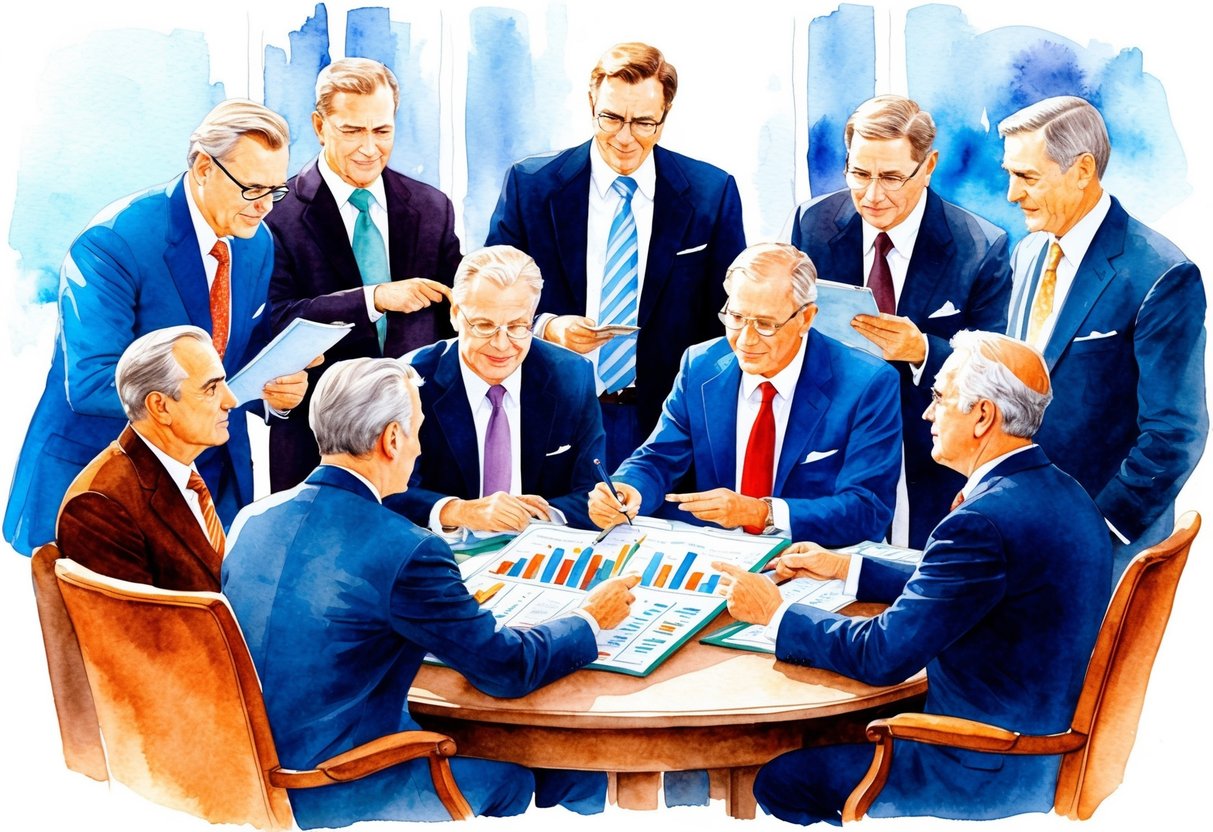 A group of millionaires gather around a table, examining charts and graphs, while others engage in heated discussions about economic influences