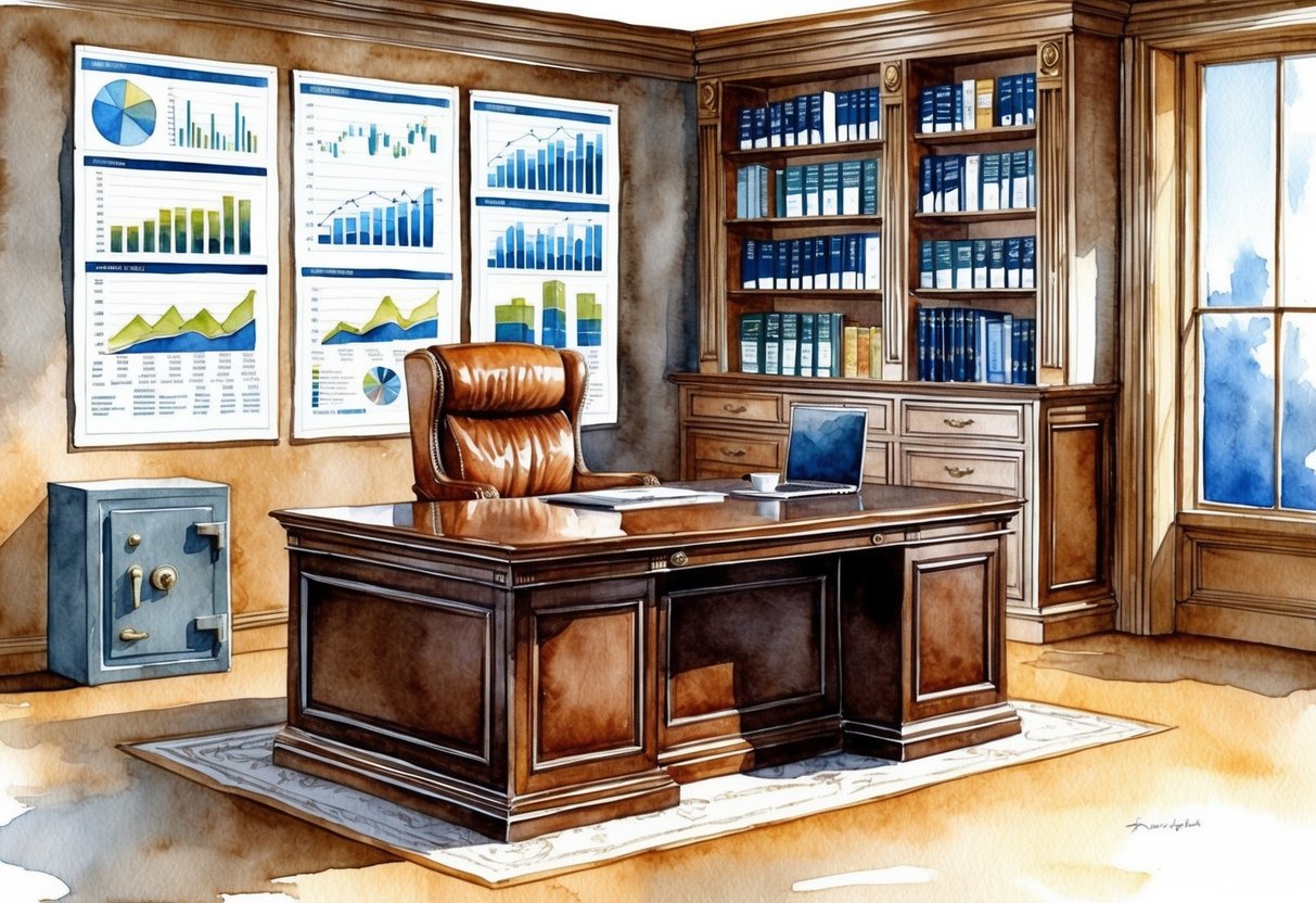A luxurious office with a large desk, leather chair, and wall of financial charts and graphs. A safe in the corner and a shelf of investment books
