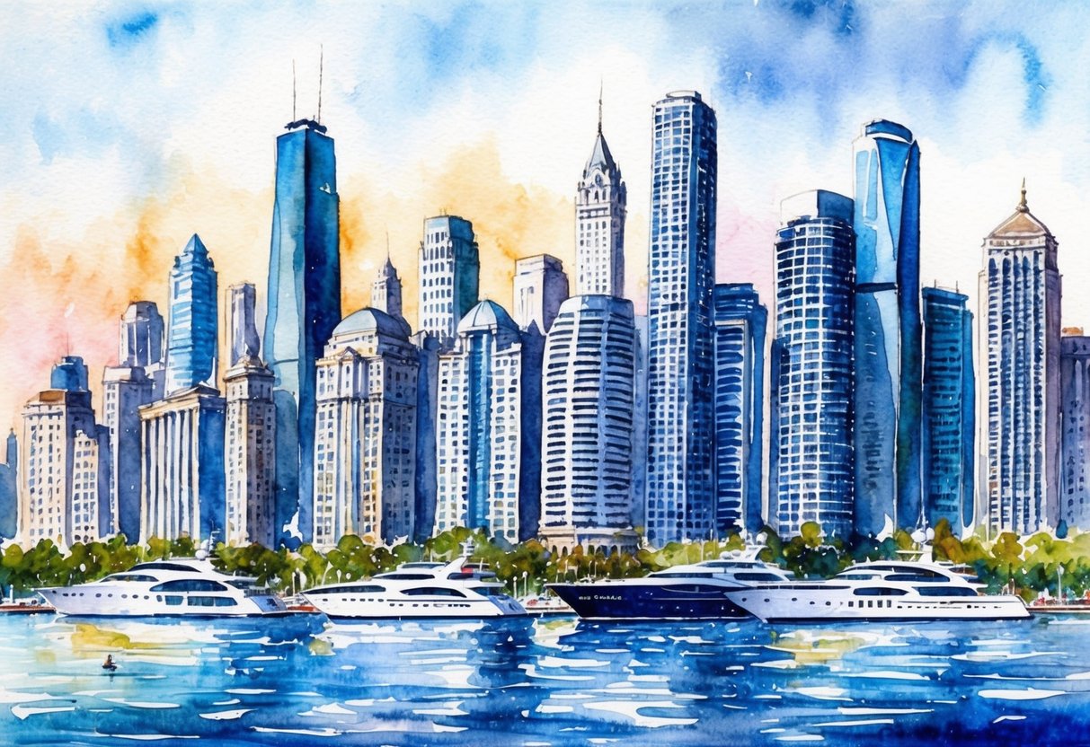 A panoramic view of a bustling city skyline with towering skyscrapers and luxury yachts lining a sparkling waterfront