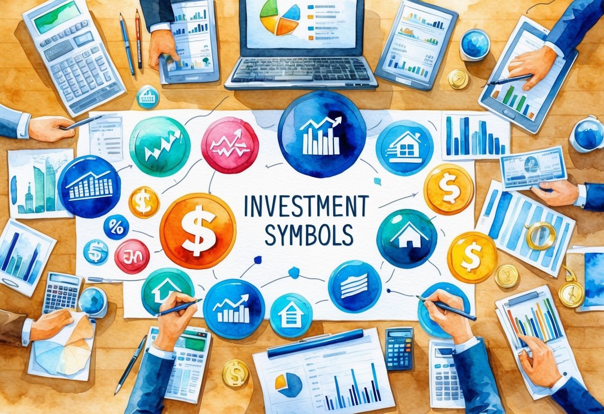 A diverse array of investment symbols and financial instruments spread across a table, including stocks, bonds, real estate, and precious metals