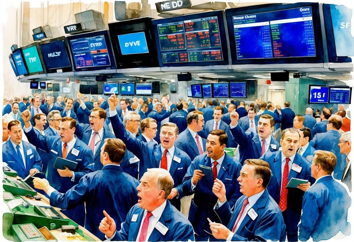 A bustling stock exchange floor with traders gesturing and shouting orders, surrounded by screens displaying various investment instruments and market data