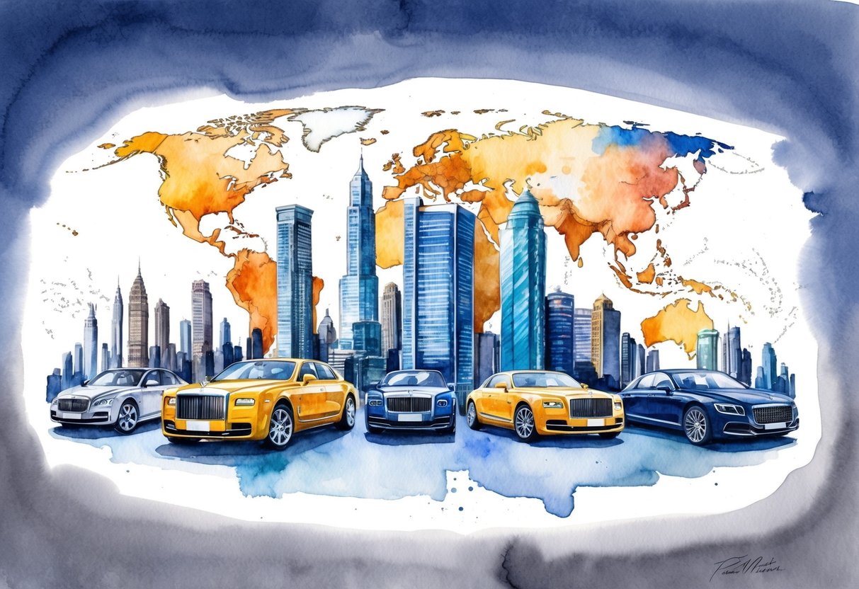 A bustling city skyline with skyscrapers and luxury cars, surrounded by a global map showing concentrations of wealth