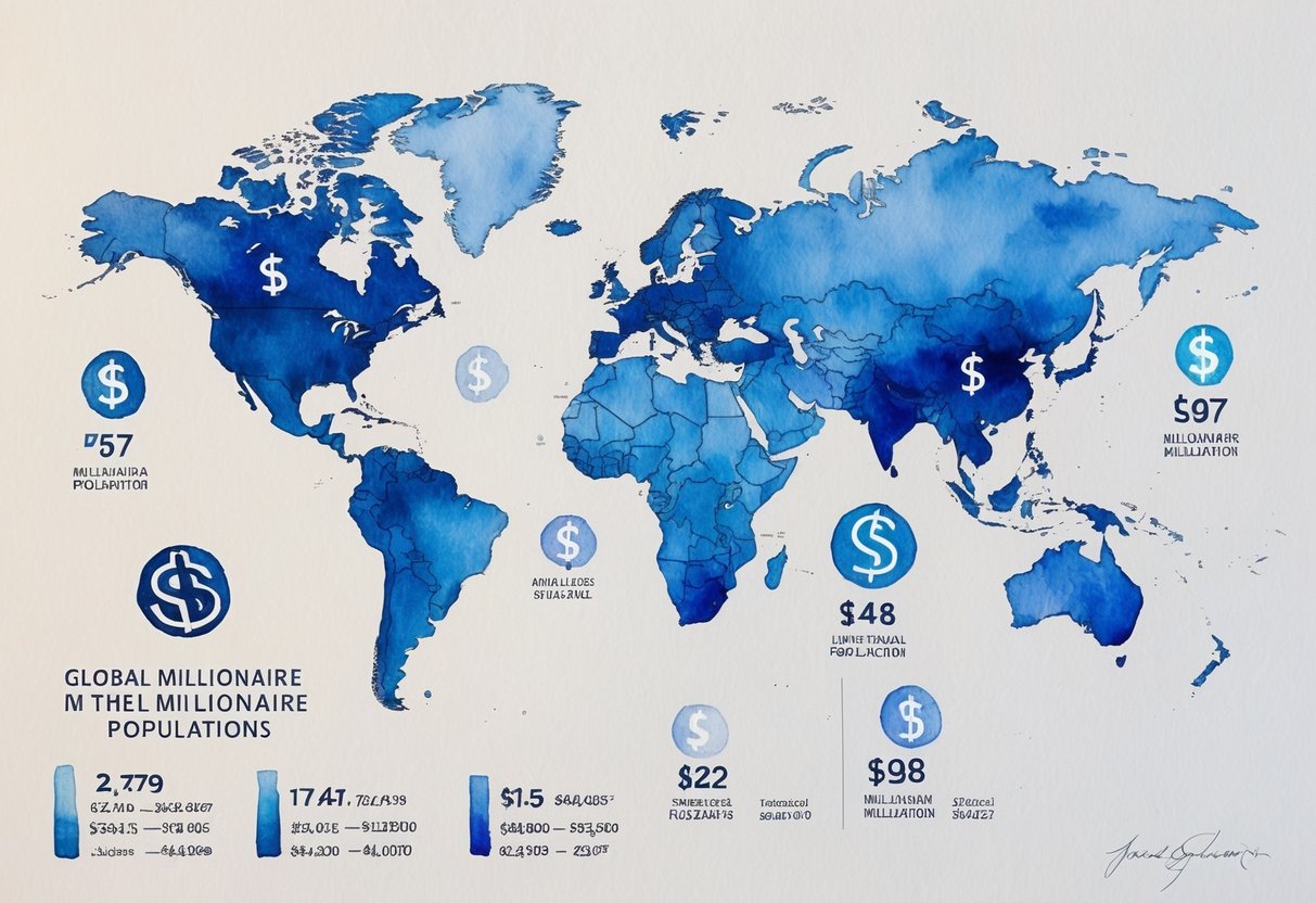 A world map with various financial symbols and charts representing global millionaire populations