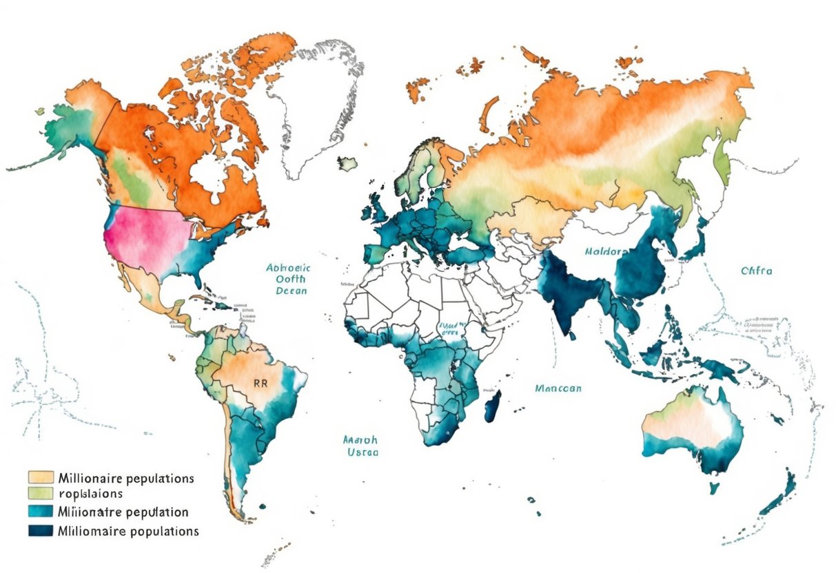 A map of the world with highlighted regions showing concentrations of millionaire populations