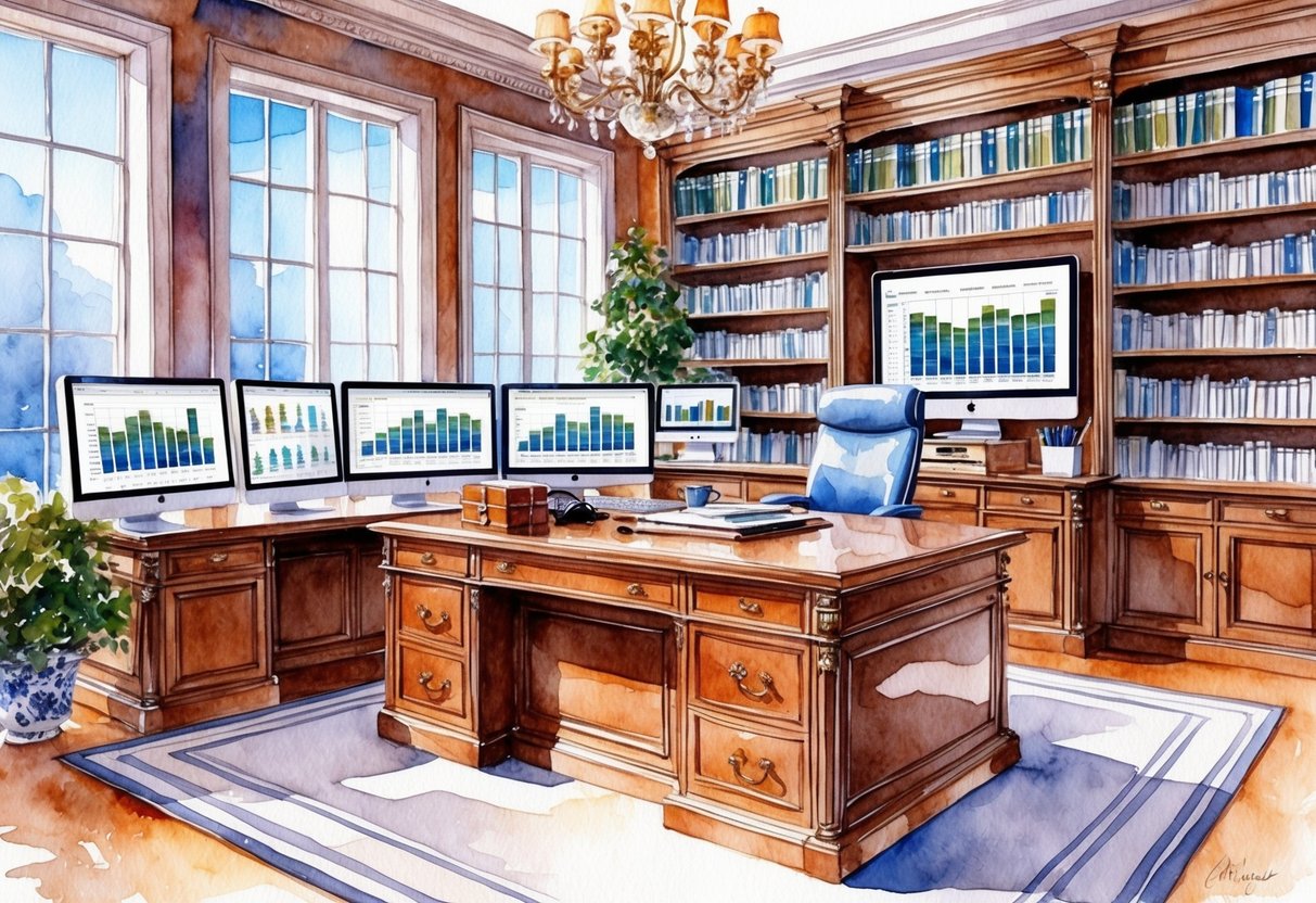 A luxurious office with a large desk, computer screens displaying investment portfolios, and shelves filled with financial planning books