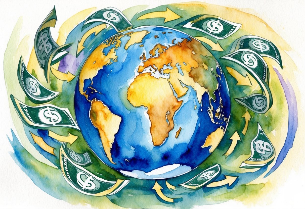 A globe surrounded by flowing currency symbols, with arrows pointing from one continent to another, representing the migration of wealth and the global perspective on millionaire populations