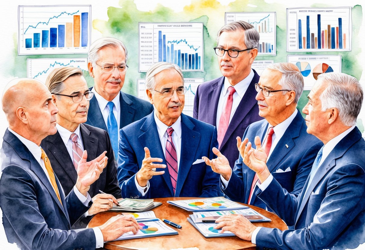 A group of millionaires discussing investment psychology and behavior, surrounded by financial charts and graphs