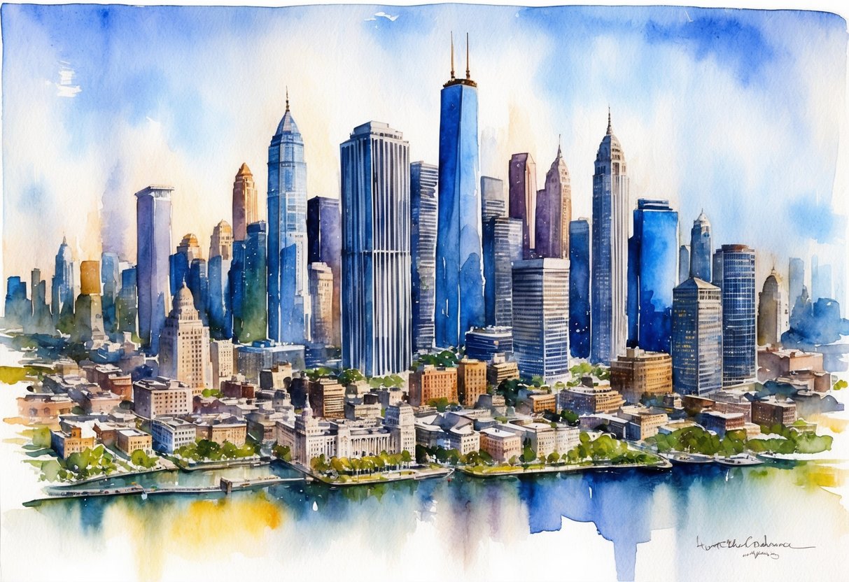 A bustling city skyline with luxury skyscrapers and bustling financial districts, contrasted with impoverished neighborhoods and struggling communities