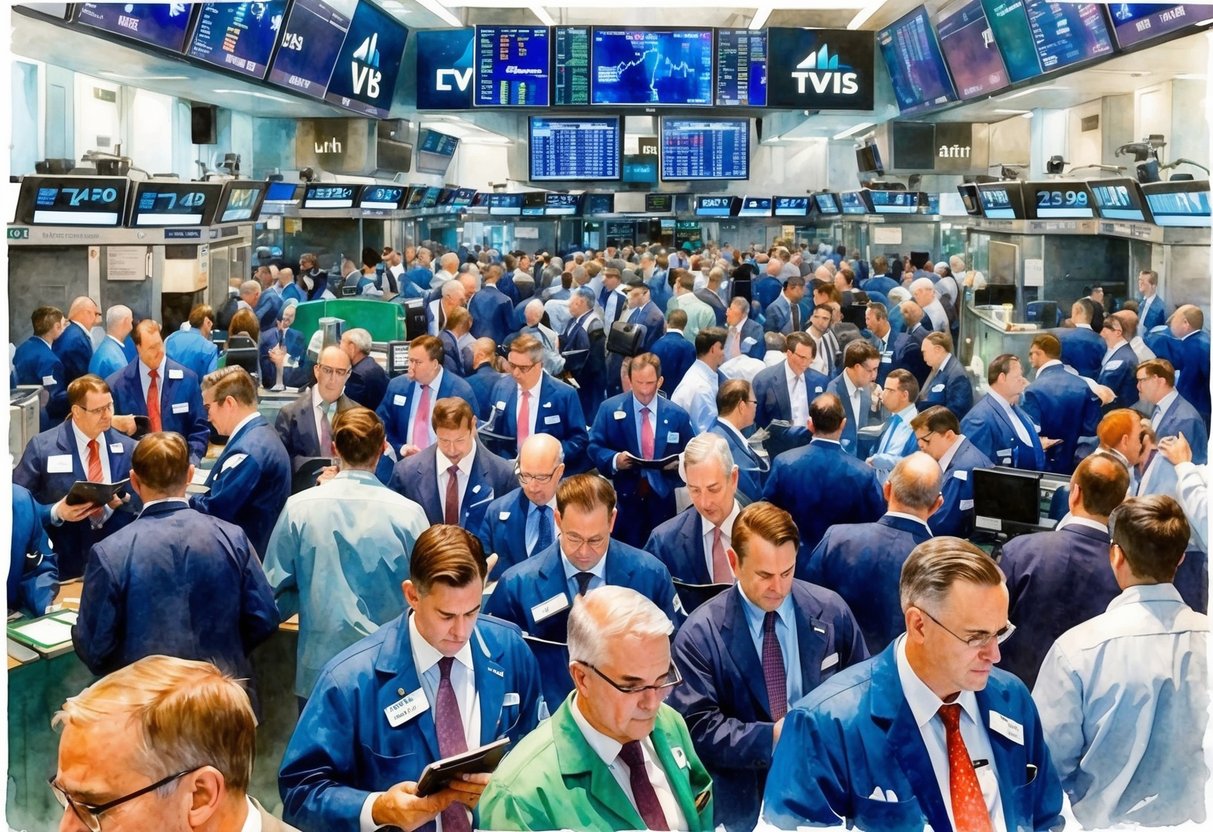 A bustling stock exchange floor with traders making investment decisions amid fluctuating market dynamics