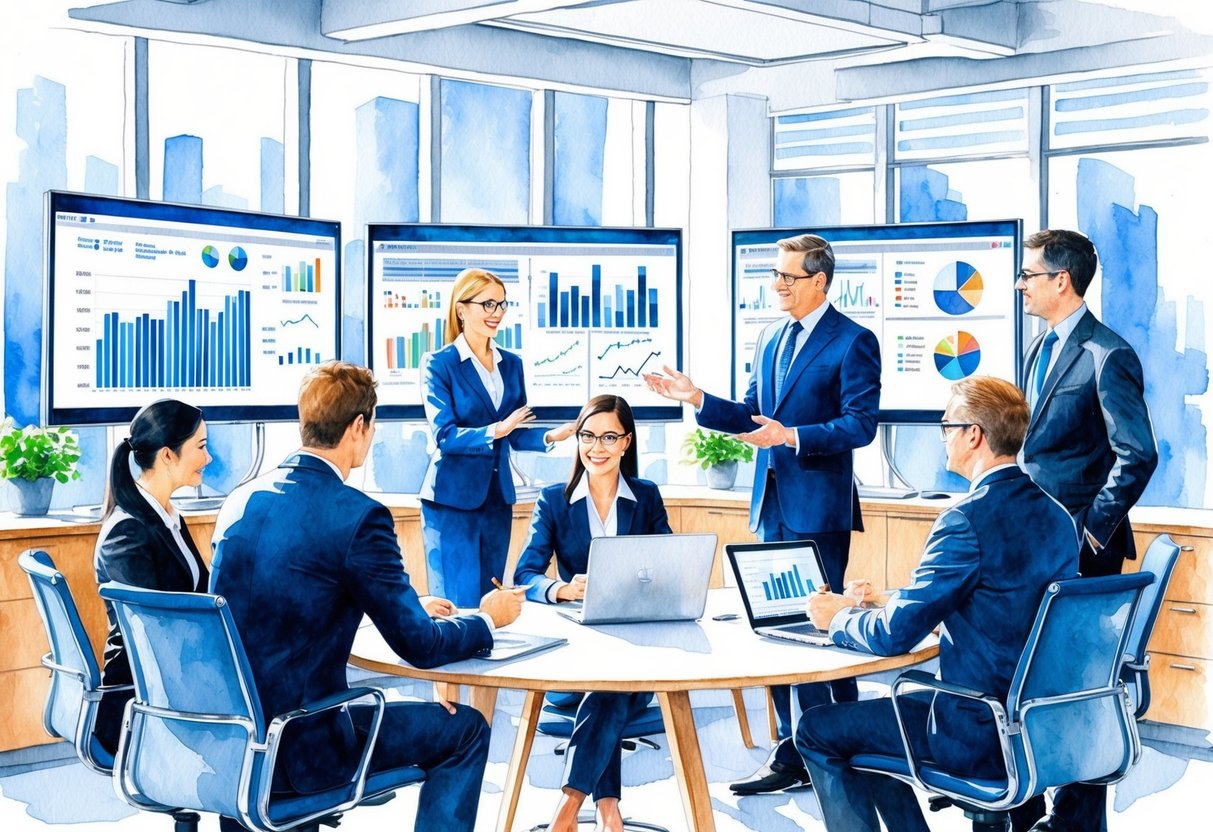 A group of financial professionals discussing investment strategies and analyzing market data in a modern office setting with charts and graphs displayed on large screens