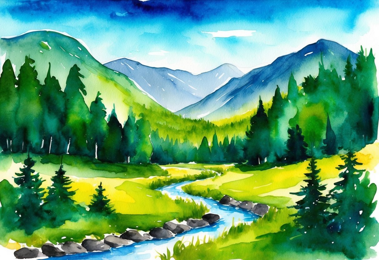A lush green forest with a clear stream running through it, surrounded by mountains and a bright blue sky overhead