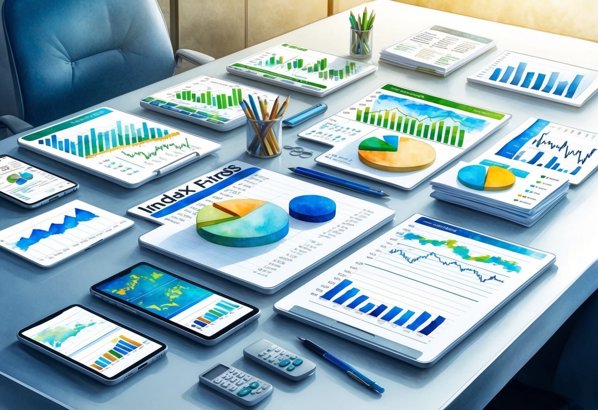 A diverse group of financial charts and graphs, representing various index funds and passive investments, are spread out on a sleek, modern desk
