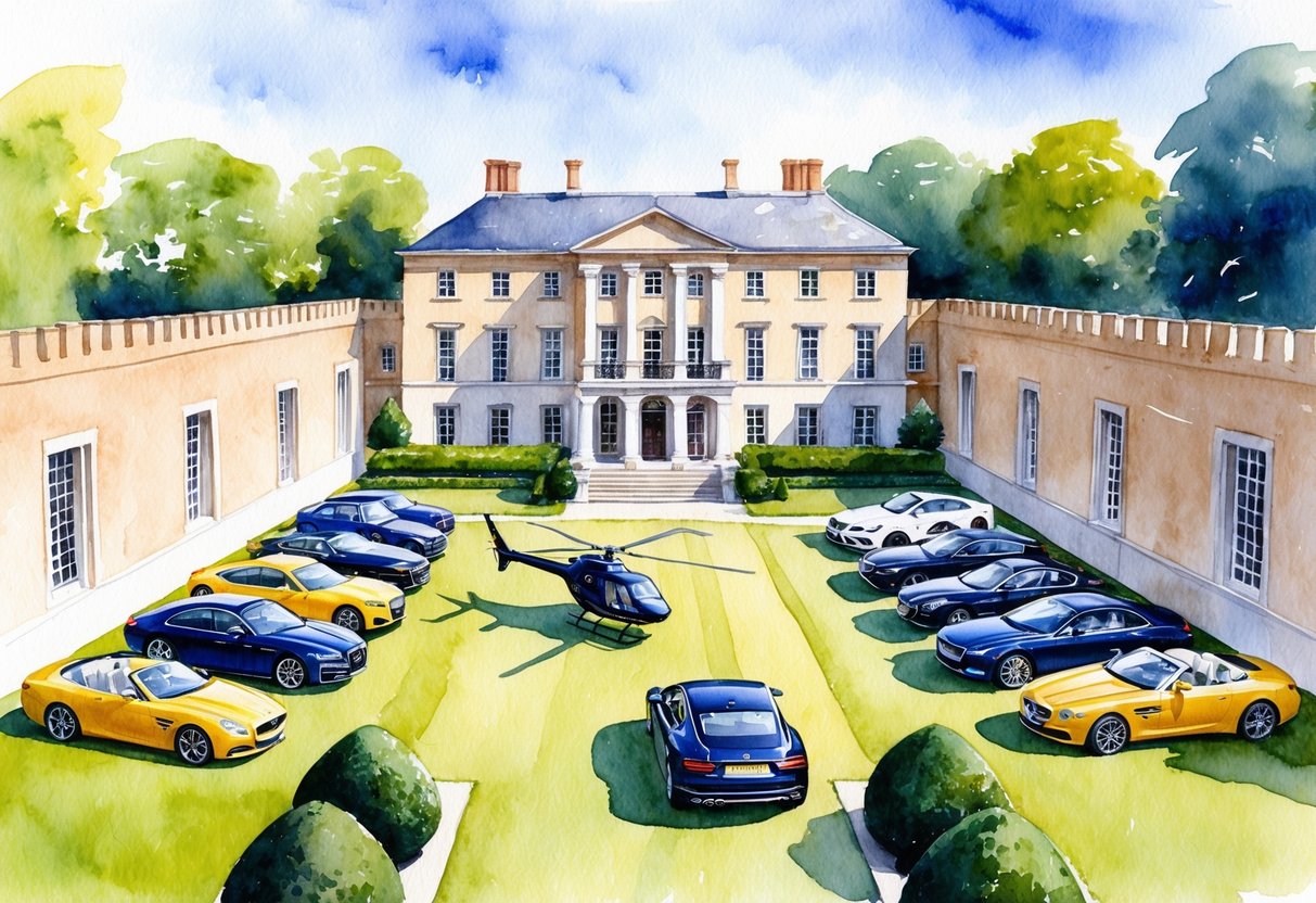 A grand mansion surrounded by high walls, with a fleet of luxury cars parked outside and a private helicopter landing on the manicured lawn