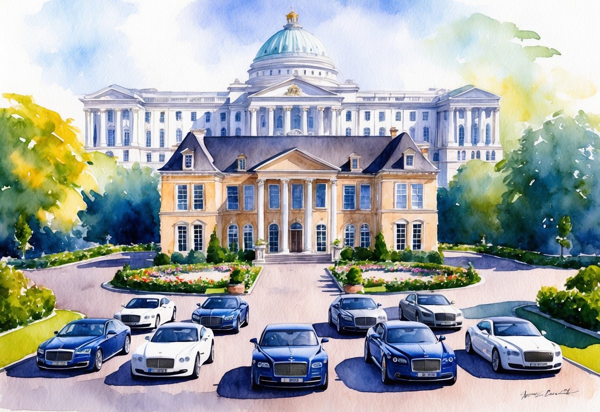 A grand mansion surrounded by lush gardens and a fleet of luxury cars parked in the driveway, with a large, imposing government building in the background