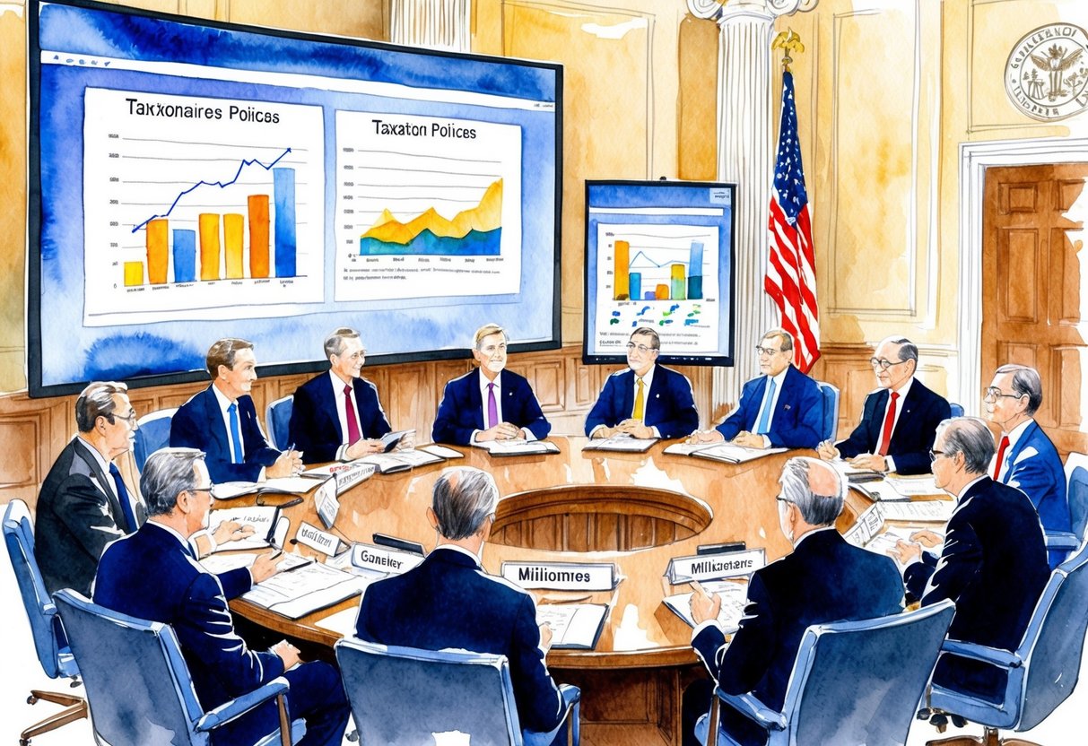A group of millionaires discussing taxation policies in a government meeting room. Charts and graphs are displayed on a large screen