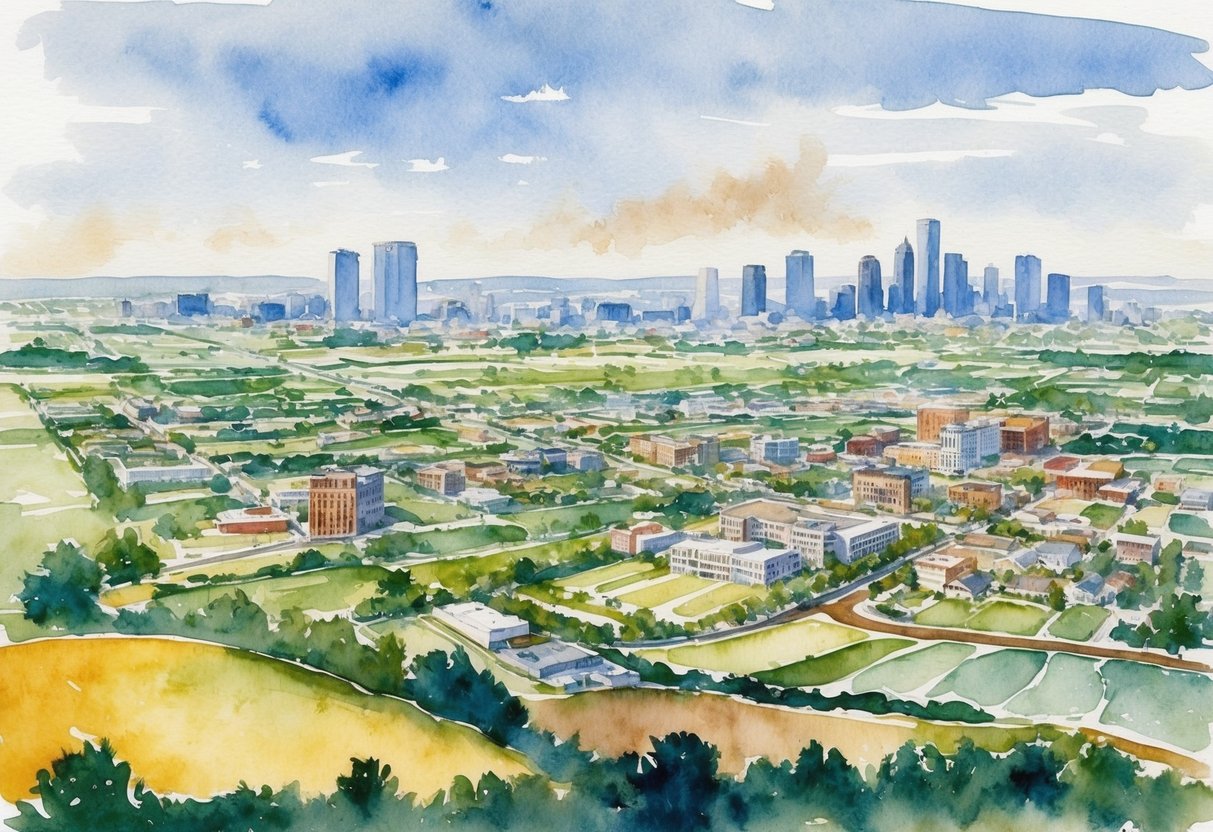 A sprawling landscape with a mix of urban and rural elements, showcasing the contrast between wealth and opportunity in the American Dream