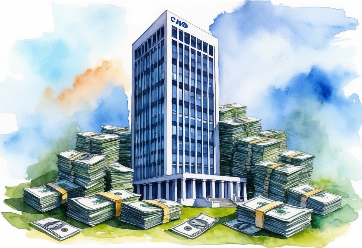 A large corporation symbolized by a towering office building surrounded by stacks of money and government documents