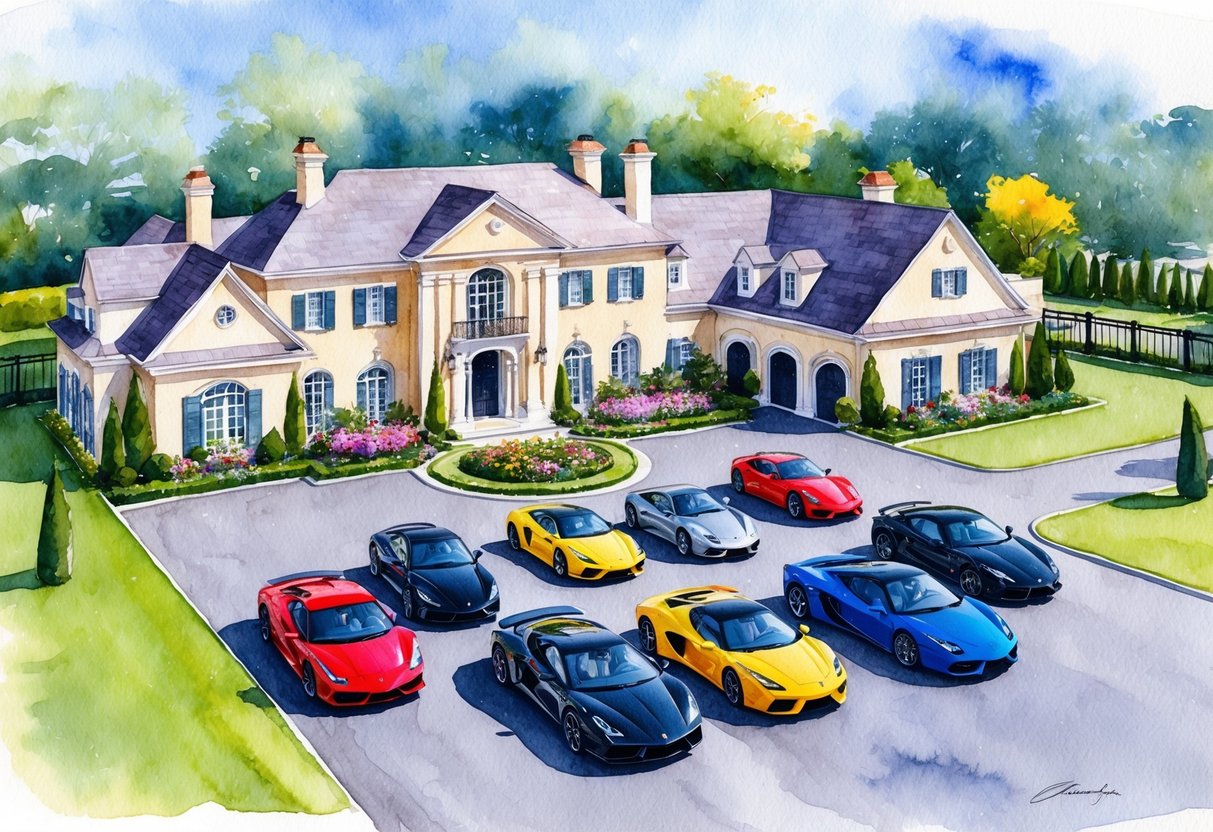 A luxurious mansion with a sprawling garden and a fleet of expensive cars parked in the driveway, surrounded by a gated community with manicured lawns and private security