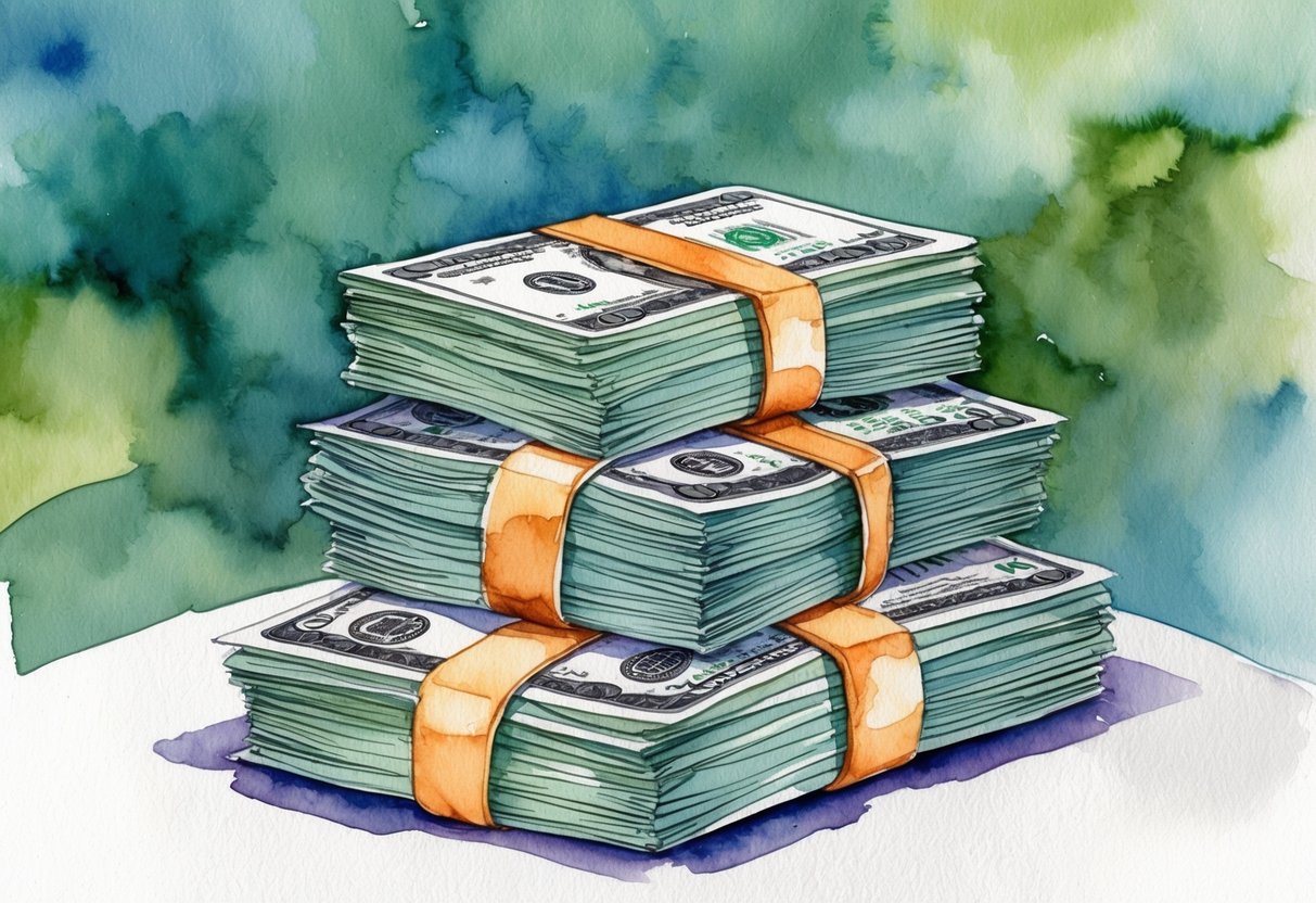 A stack of money and investment documents being weighed down by a large tax burden